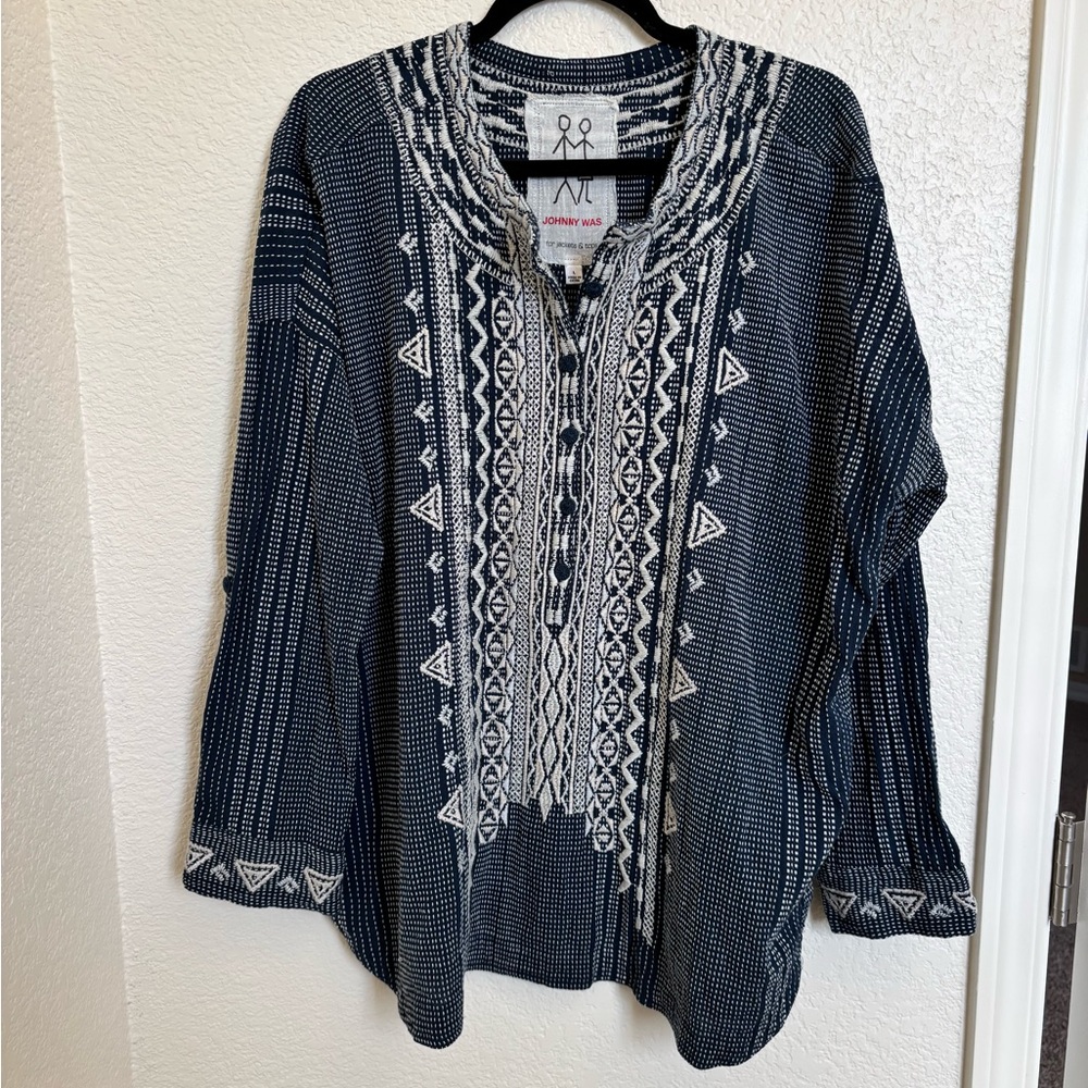 Johnny Was Embroidered Top Tunic Button Shirt Oversized Boho size large